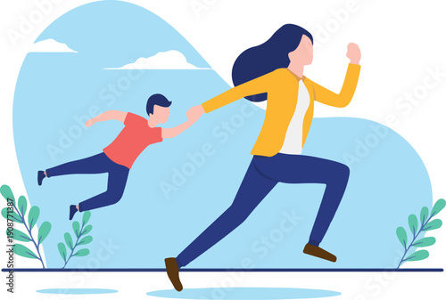 Mother with child running - Parent in a hurry with son being late for work. Stress and parenthood time crunch concept in flat design vector illustration with white background.