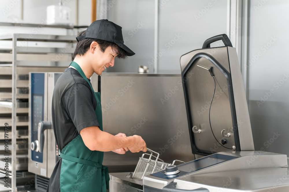 © buritora - A male chef using a fryer in the kitchen