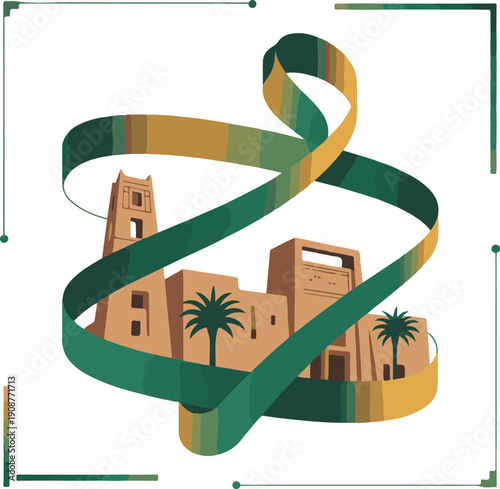 Saudi Arabian historical architecture with palm trees and ribbon, cultural heritage illustration
