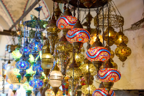 Vibrant mosaic lanterns in traditional market setting