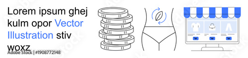E-commerce, cryptocurrency, fitness, online shopping, digital retail, marketing. Stack of coins, waistline and storefront graphic. Cryptocurrency and e-commerce illustrations for business and health