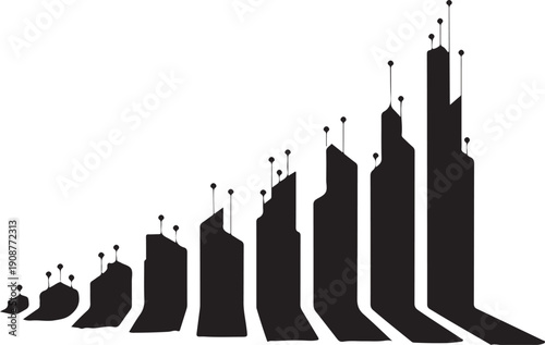 Futuristic city skyline silhouette with tall skyscrapers and antenna towers in rising growth chart