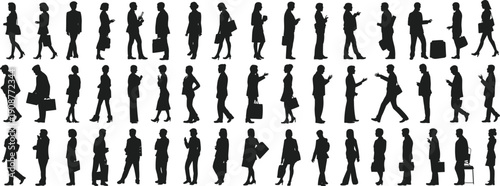 Flat vector silhouettes of diverse business people walking standing using mobile phones briefcases handbags luggage casual professional poses collection