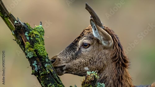 Close-up of a young deer with developing antlers, near moss-covered branch, blurred background