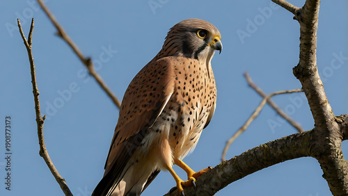 Majestic Kestrel Perched Against Blue Sky