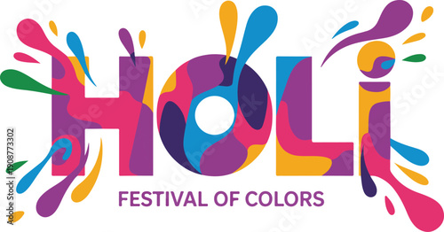 Holi festival of colors text surrounded by colorful paint splashes on transparent background