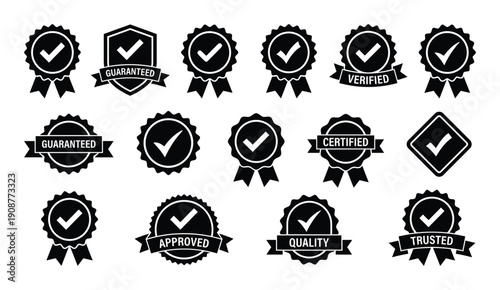 Checkmark guarantee badges vector set for retail customer loyalty and promotional campaigns