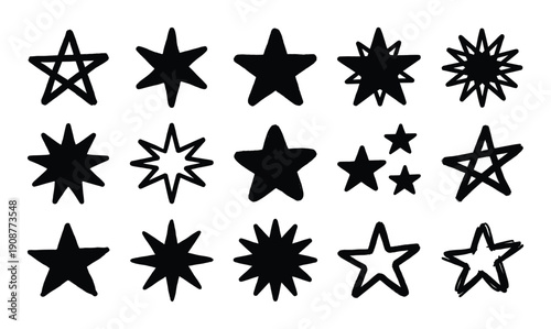 Collection of fifteen hand drawn star shaped vector graphic symbols on transparent background