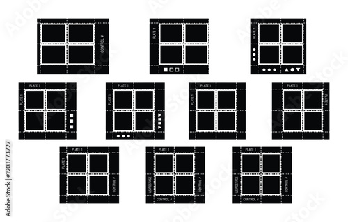 Collection of united states us postage plate blocks control numbers marks for stamp collecting or philately art