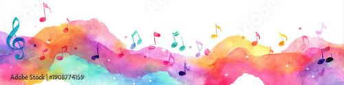 Colorful abstract watercolor background with musical notes flowing across canvas, creating vibrant and joyful atmosphere. Perfect for music themed designs and artistic projects
