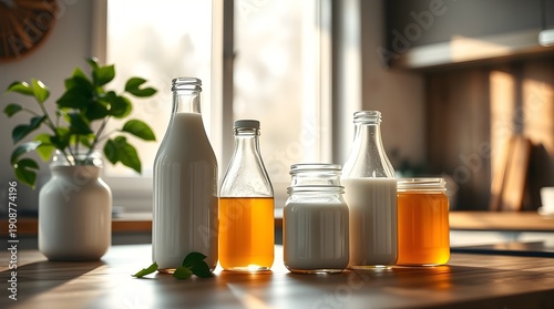Wallpaper Mural Bottled beverages and plant in sunlit kitchen setting Torontodigital.ca