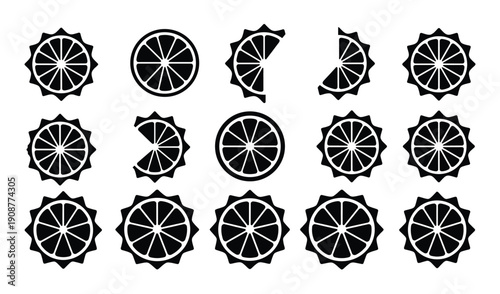 Lemon slice silhouette icons on transparent background citrus fruit segments and lime sections set