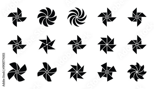 Paper pinwheel fan icons collection on transparent background black wind spinner toy silhouettes set