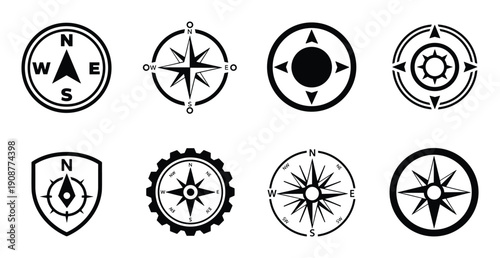 Navigation compass rose icons set with north south east and west cardinal directions on transparent