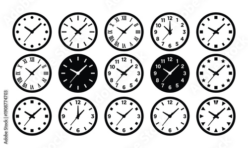 Set of different classic clock faces with roman and arabic numbers on transparent background