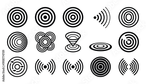 Set of concentric circle sound wave icons on transparent background with different shapes