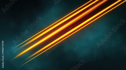 Dynamic streaks of glowing orange light cutting through a dark blue smoky background, creating a sense of motion and energy