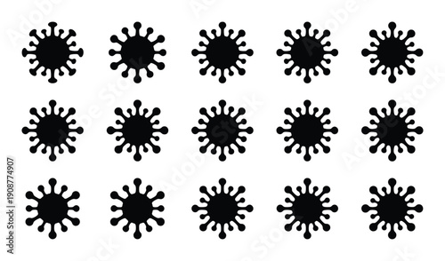 Set of fifteen black virus microbes with rounded processes on transparent background