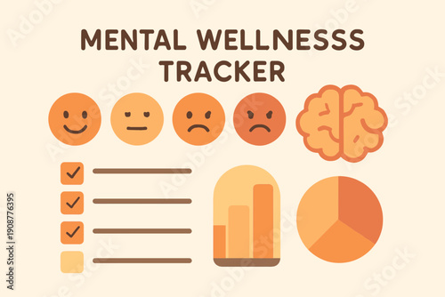 Mental Wellness Tracker with Mood Icons and Brain Graphic.