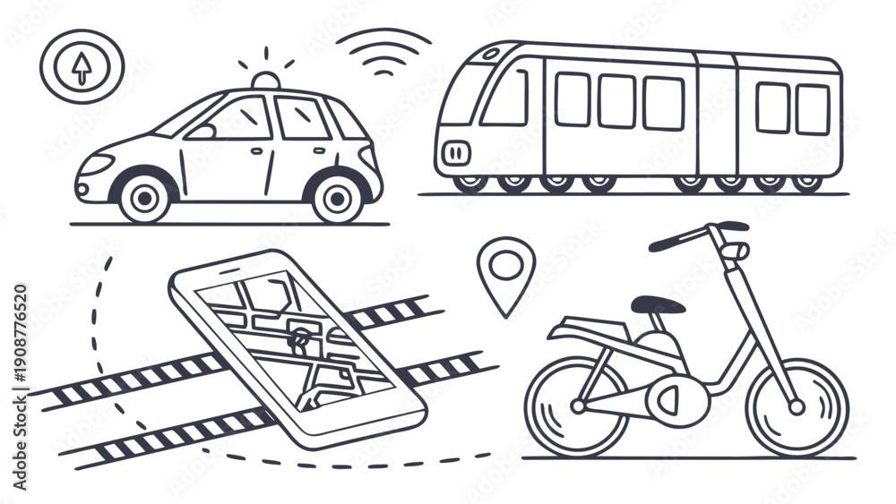 Naklejka premium Transportation Icons Car Train Scooter and Navigation App.