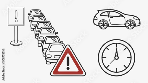 Traffic Jam Illustration with Warning Signs and Clock.