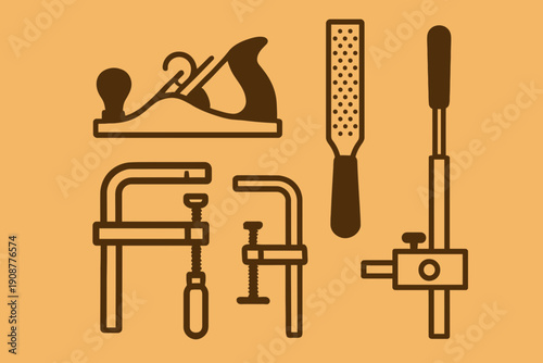 Woodworking Tools Illustration Plane Rasp and Clamps for Carpentry Projects.