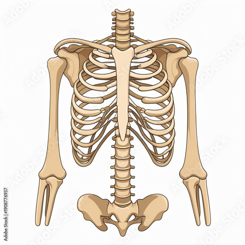 A detailed illustration of the human skeleton from the front view