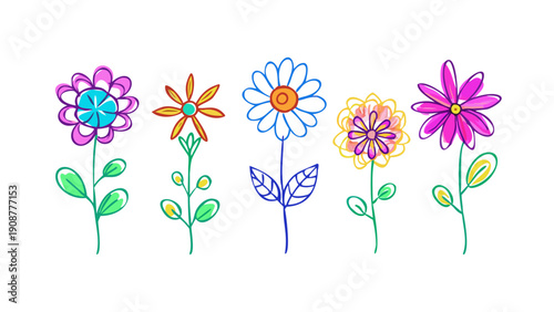 Colorful Neon Line Art Flower Doodles Collection on White Background: Daisies, Roses, and Tulips Set