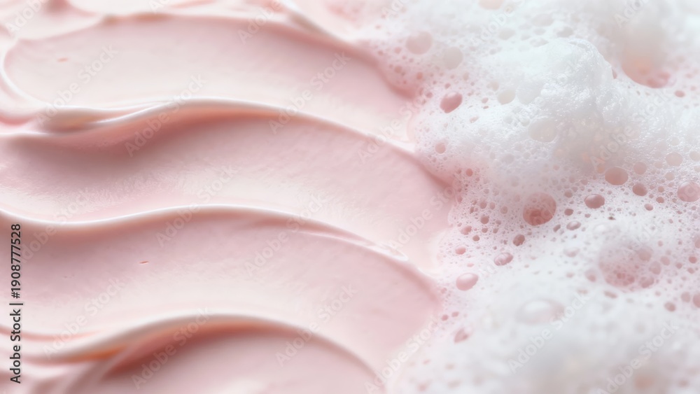 Obraz premium Close-up of smooth pink cream with delicate foam bubbles showcasing texture and softness.