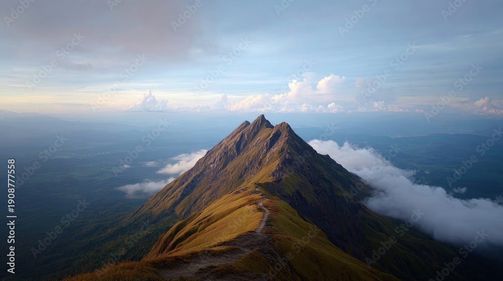 Fototapeta premium Breathtaking View of Majestic Mountain Peak Surrounded by Clouds and Lush Green Valley Under Clear Blue Sky During Sunrise