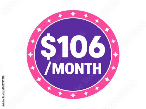 A purple and pink vector graphic illustration of a monthly price tag with a dollar amount of $106