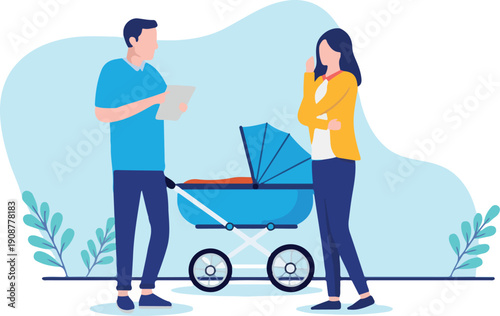 : Couple baby planning - Man and woman thinking about starting a family, contemplating in front of baby pram. Flat design vector illustration with white background.
