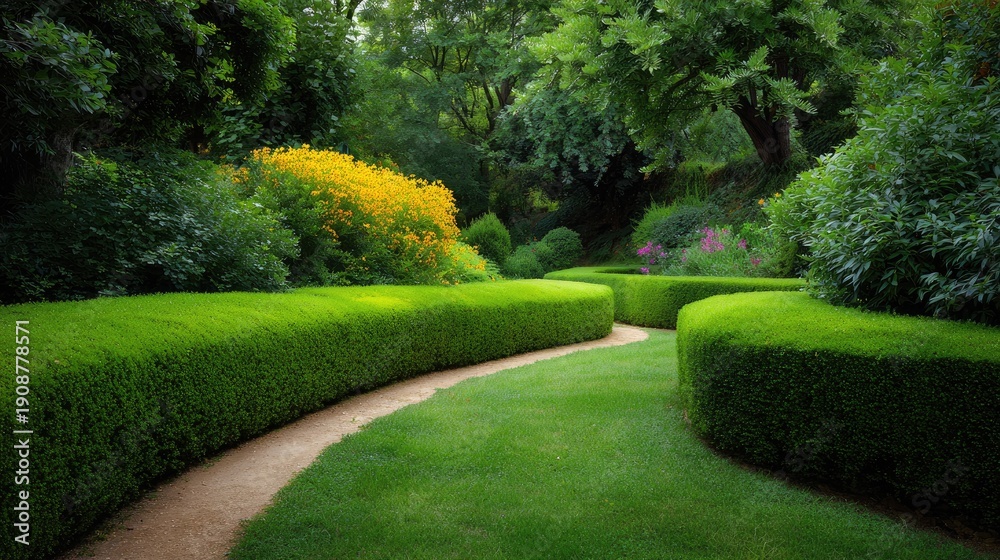 Fototapeta premium Serene Pathway Through Lush Garden with Well-Trimmed Shrubs and Vibrant Flowers in a Tranquil Natural Setting