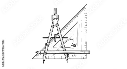 Black and white line drawing of a compass with ruler and protractor
