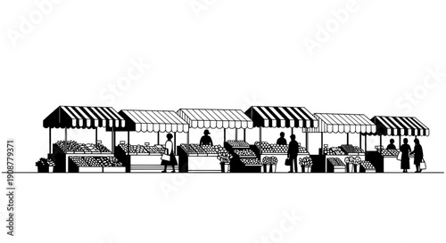 Black and white line drawing of a bustling market stall with produce and shoppers