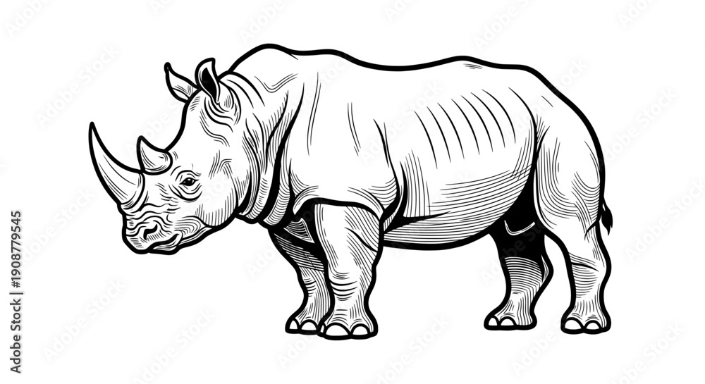 Fototapeta premium black white line drawing rhinoceros standing left facing sketch style