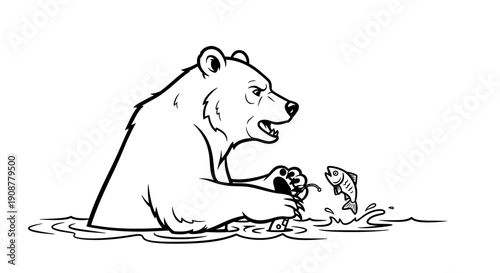 Bear catching silver fish in calm water with black and white line drawing