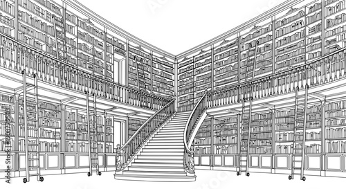 black white line drawing grand library with bookshelves and spiral staircase