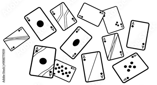 Black and white playing cards scattered arrangement with minimalistic style