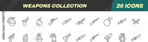 Line Signs of Weapon for Advertisement. Suitable for books, stores, shops. Editable stroke in minimalistic outline style. Symbol for design