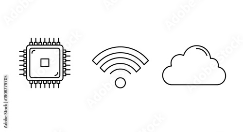 Minimalist line drawing of computer chip with cloud and wifi signal s