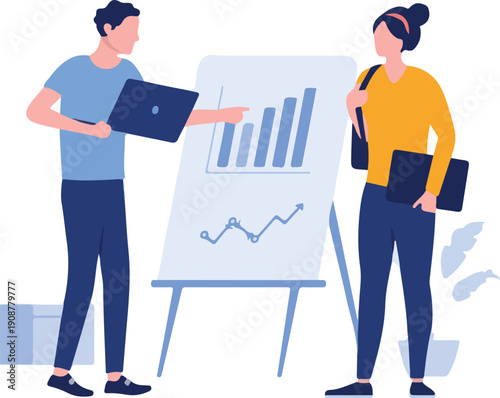  People working with chart - Man and woman with computers looking at business result diagram on flip chart. Flat design vector illustration with white background