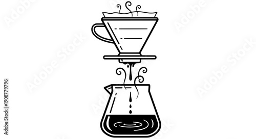 Minimalist black and white line drawing of coffee brewing in dripper carafe