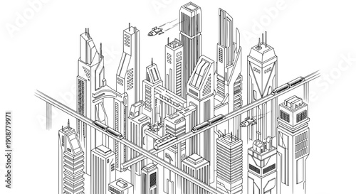 Futuristic cityscape line drawing with bridge and flying helicopter