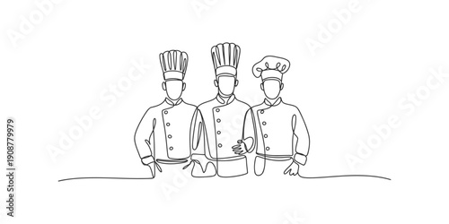 Continuous line drawing of three chefs standing with arms crossed
