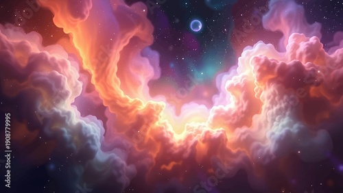 Colorful Cosmic Nebula with Bright Clouds and Stars in Deep Space, Fantasy Galaxy Art