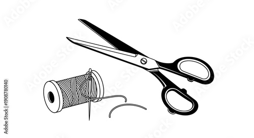 Minimalist black and white line drawing of scissors and thread spool