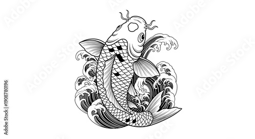 Traditional Japanese koi fish line drawing with intricate wave patterns