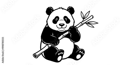 A cheerful panda bear sitting upright and holding a bamboo stick with leaves
