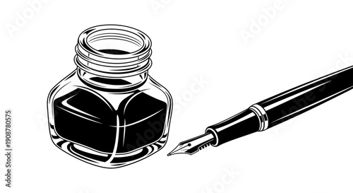 Black and white fountain pen with ink bottle on plain white